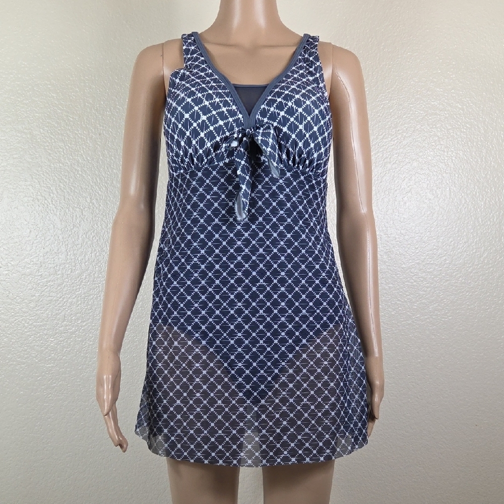 Gray & White Geometric Mesh Swim Dress